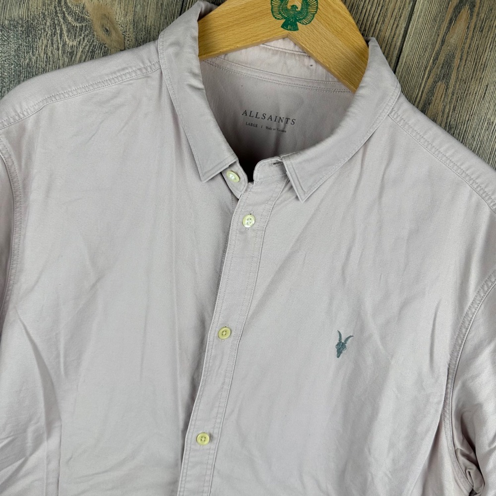 AllSaints Huntingdon LS Shirt Mens Large Pink Cotton Ramskull Button Down MS001J